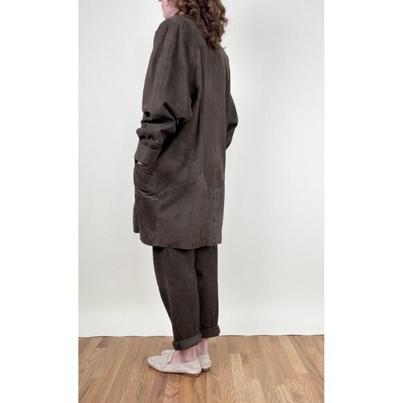 Vintage Suede Leather Matching Set Suit Oversized High Rise Long Unique Luxury - Picture 4 of 13